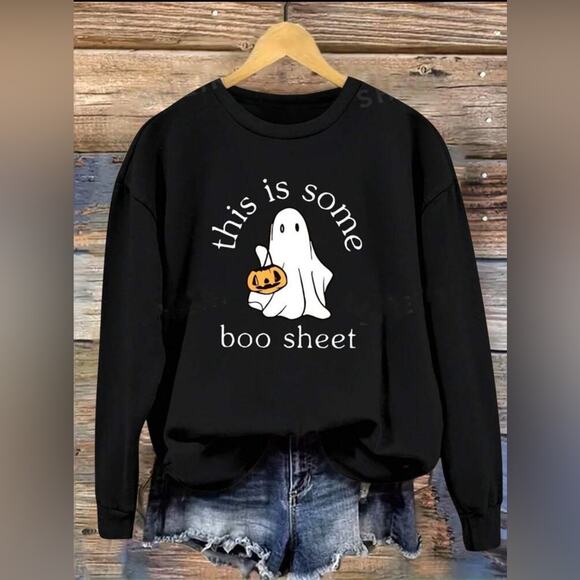 Relaxed Fit Crew Neck Sweatshirt With Pumpkin Ghost & Text Graphic Print - Picture 1 of 4